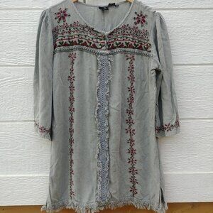 Grey blue long top tunic fringe detail red green embroidery size Medium …